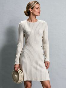 Louniche European And American Autumn/Winter Fuzzy Ribbed Soft Comfortable Long Sleeve Mid-Length Dress With Side Wooden Button Decoration And Pockets, Loose Casual Versatile A-Line Women's Dress - Apricot - View 7