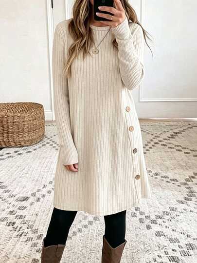 Louniche European And American Autumn/Winter Fuzzy Ribbed Soft Comfortable Long Sleeve Mid-Length Dress With Side Wooden Button Decoration And Pockets, Loose Casual Versatile A-Line Women's Dress