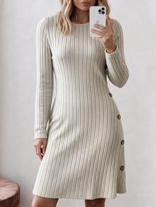 Louniche European And American Autumn/Winter Fuzzy Ribbed Soft Comfortable Long Sleeve Mid-Length Dress With Side Wooden Button Decoration And Pockets, Loose Casual Versatile A-Line Women's Dress - Apricot - View 6