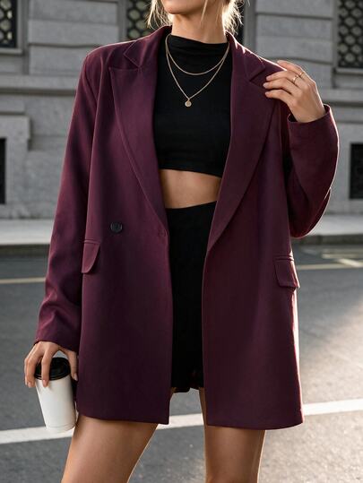 Ritzy Row Women's Casual Oversized Padded Shoulder Mid-Length Double-Breasted Blazer Office Business Burgundy Summer