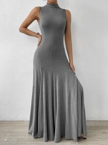 SHEIN 纯色美人鱼款立领晚礼服长款女装 - 灰色 - 查看 7