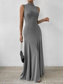 SHEIN 纯色美人鱼款立领晚礼服长款女装 - 灰色 - 查看 8