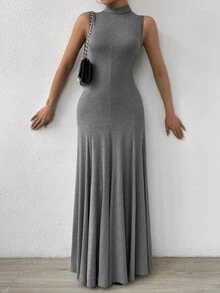 SHEIN 纯色美人鱼款立领晚礼服长款女装 - 灰色 - 查看 3