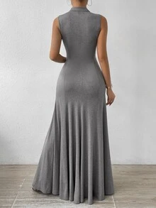 SHEIN 纯色美人鱼款立领晚礼服长款女装 - 灰色 - 查看 4