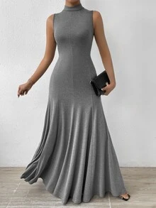 SHEIN 纯色美人鱼款立领晚礼服长款女装 - 灰色 - 查看 6
