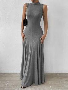 SHEIN 纯色美人鱼款立领晚礼服长款女装 - 灰色 - 查看 5