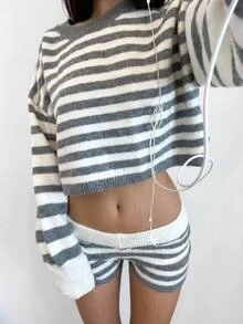 CovetEZ 2件組女款拼色條紋針織毛衣短褲套裝 灰色秋季休閒法式街頭風 Y2K 外出早午餐夜生活穿搭 - 灰色 - 查看 8