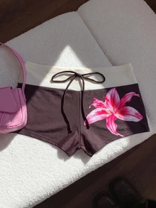 SHEIN Swim 女款優雅棕色花卉印花比基尼泳褲（不含比基尼上衣），夏秋泳裝派對度假外出穿搭 - 彩色 - 查看 2