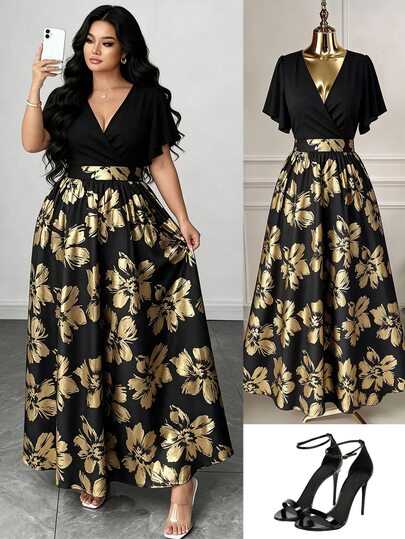 Elenzga Vestido largo elegante y sexy para mujer talla grande, estilo casual de alta gama para fiesta y banquete de otoño/invierno, con estampado floral grande en lámina dorada, escote en V y mangas con volantes, diseño de moda impactante