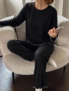 2件組女童青少年居家服長袖上衣，鏤空印花設計，全幅數位印花牛奶絲面料舒適睡衣 - 黑色 - 查看 6