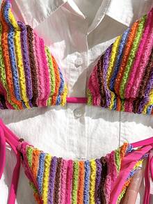 Swim Mod Women's Fabric Striped Bikini Set Halter Tie-Back And Tie-Side Bottoms Regular Length - Multicolor - View 5