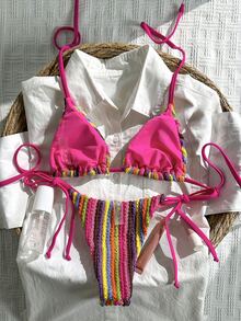 Swim Mod Women's Fabric Striped Bikini Set Halter Tie-Back And Tie-Side Bottoms Regular Length - Multicolor - View 2