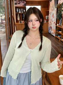 Tideelle 春夏薄荷綠荷葉邊鏤空針織薄款開襟衫 大尺碼女裝 性感溫柔休閒風 適合辣妹、大尺碼通勤女、豐滿大尺碼女士 閨蜜聚會、度假旅行、約會、日常疊穿 寬鬆顯瘦修身百搭長袖開襟衫 - 青檸色 - 查看 1