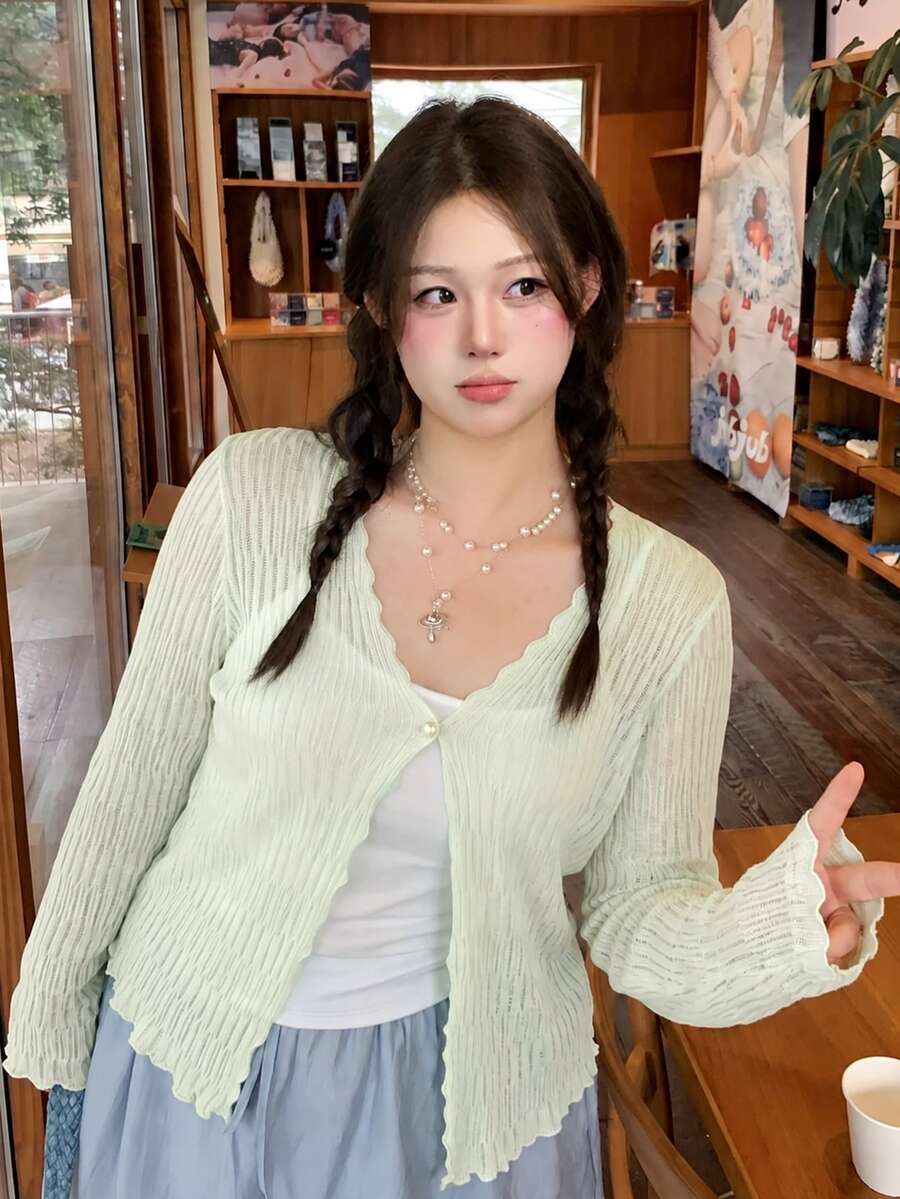Tideelle 春夏薄荷綠荷葉邊鏤空針織薄款開襟衫 大尺碼女裝 性感溫柔休閒風 適合辣妹、大尺碼通勤女、豐滿大尺碼女士 閨蜜聚會、度假旅行、約會、日常疊穿 寬鬆顯瘦修身百搭長袖開襟衫 - 青檸色 - 查看 1