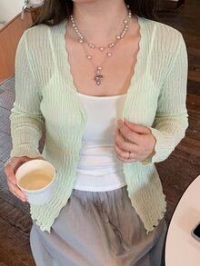 Tideelle 春夏薄荷綠荷葉邊鏤空針織薄款開襟衫 大尺碼女裝 性感溫柔休閒風 適合辣妹、大尺碼通勤女、豐滿大尺碼女士 閨蜜聚會、度假旅行、約會、日常疊穿 寬鬆顯瘦修身百搭長袖開襟衫 - 青檸色 - 查看 5