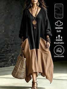 Trelyra Fall Winter Color Block Patchwork Maxi Dress Long Sleeve V Neck Irregular Hem Loose Dress For Halloween Festival Office Commute Casual Daily & Outdoor - Multicolor - View 1