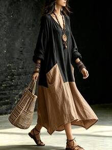 Trelyra Fall Winter Color Block Patchwork Maxi Dress Long Sleeve V Neck Irregular Hem Loose Dress For Halloween Festival Office Commute Casual Daily & Outdoor - Multicolor - View 5