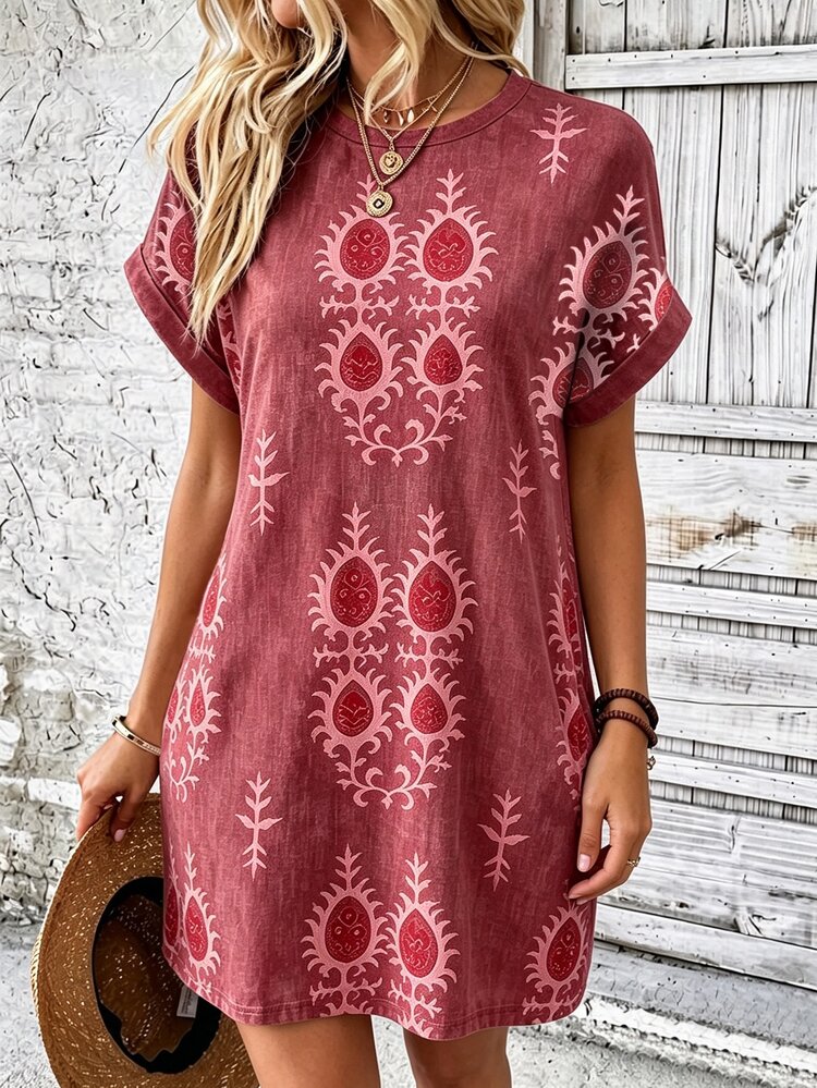Selamara Bohemian Style Print, All-Over Print, Round Neck Women Loose Plus Size Dress - Multicolor - View 1