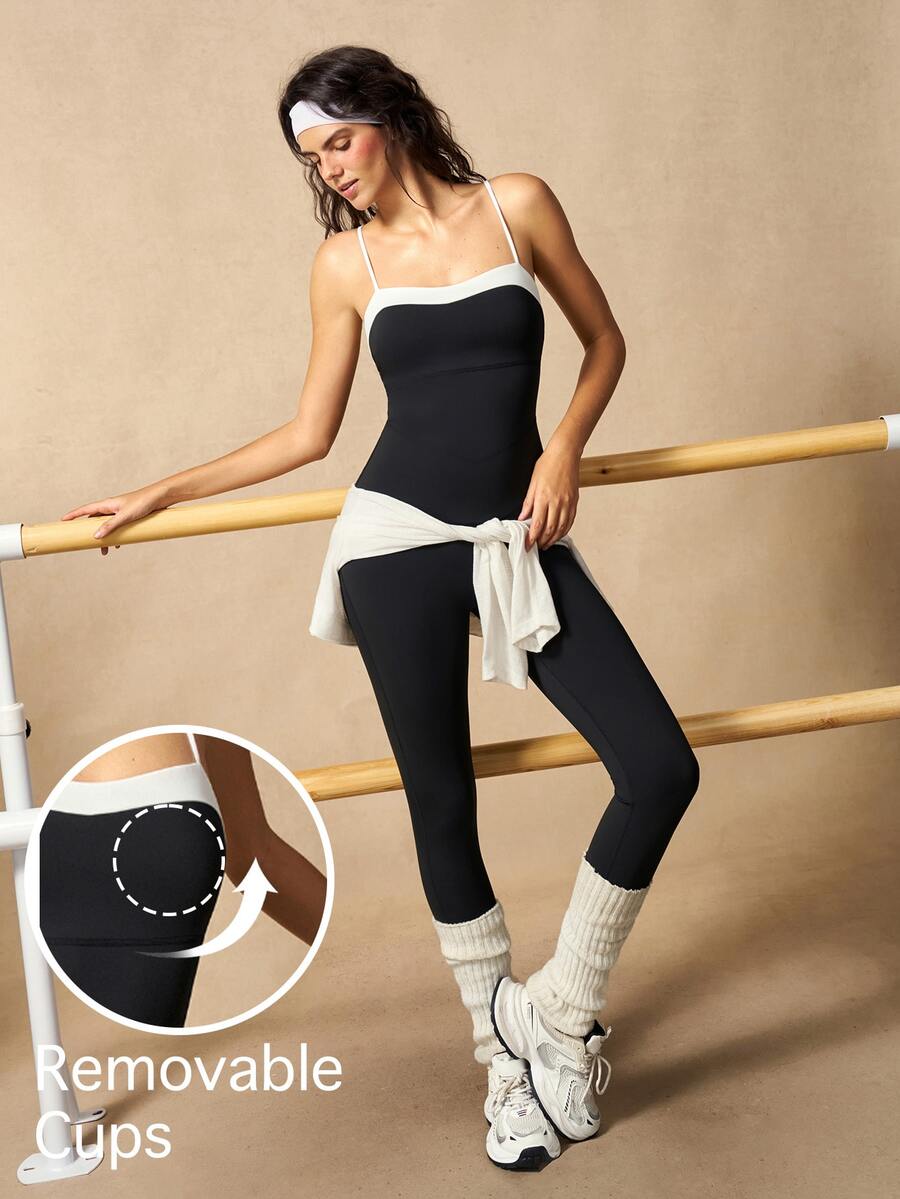 VARSIVA Women's Colorblock Spaghetti Strap Sports Jumpsuit - Black and White - View 1