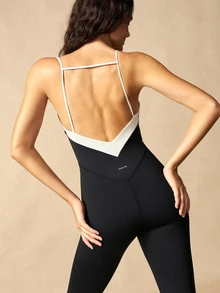 VARSIVA Women's Colorblock Spaghetti Strap Sports Jumpsuit - Black and White - View 8