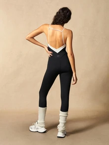VARSIVA Women's Colorblock Spaghetti Strap Sports Jumpsuit - Black and White - View 11