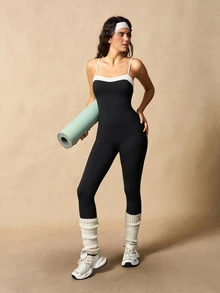 VARSIVA Women's Colorblock Spaghetti Strap Sports Jumpsuit - Black and White - View 6