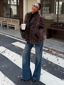 Muchica Women's Plush Patchwork Casual Versatile Long Sleeve Jacket - Brown - View 7