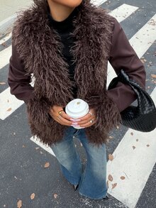 Muchica Women's Plush Patchwork Casual Versatile Long Sleeve Jacket - Brown - View 3