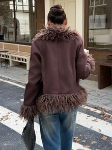 Muchica Women's Plush Patchwork Casual Versatile Long Sleeve Jacket - Brown - View 2