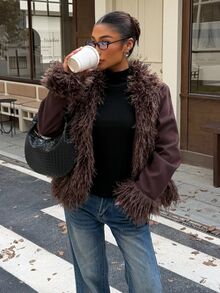 Muchica Women's Plush Patchwork Casual Versatile Long Sleeve Jacket - Brown - View 4