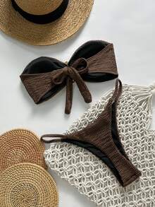 SHEIN Swim 春假女士沙滩装夏季两件套服装，女士提花露肩金属装饰性感比基尼套装 - 咖啡棕 - 查看 3
