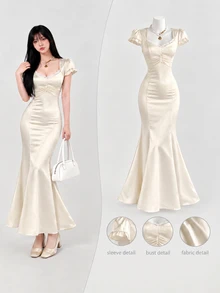 Elamini Women's Minimalist Apricot Satin Polka Dot Mermaid Dress - Apricot - View 1