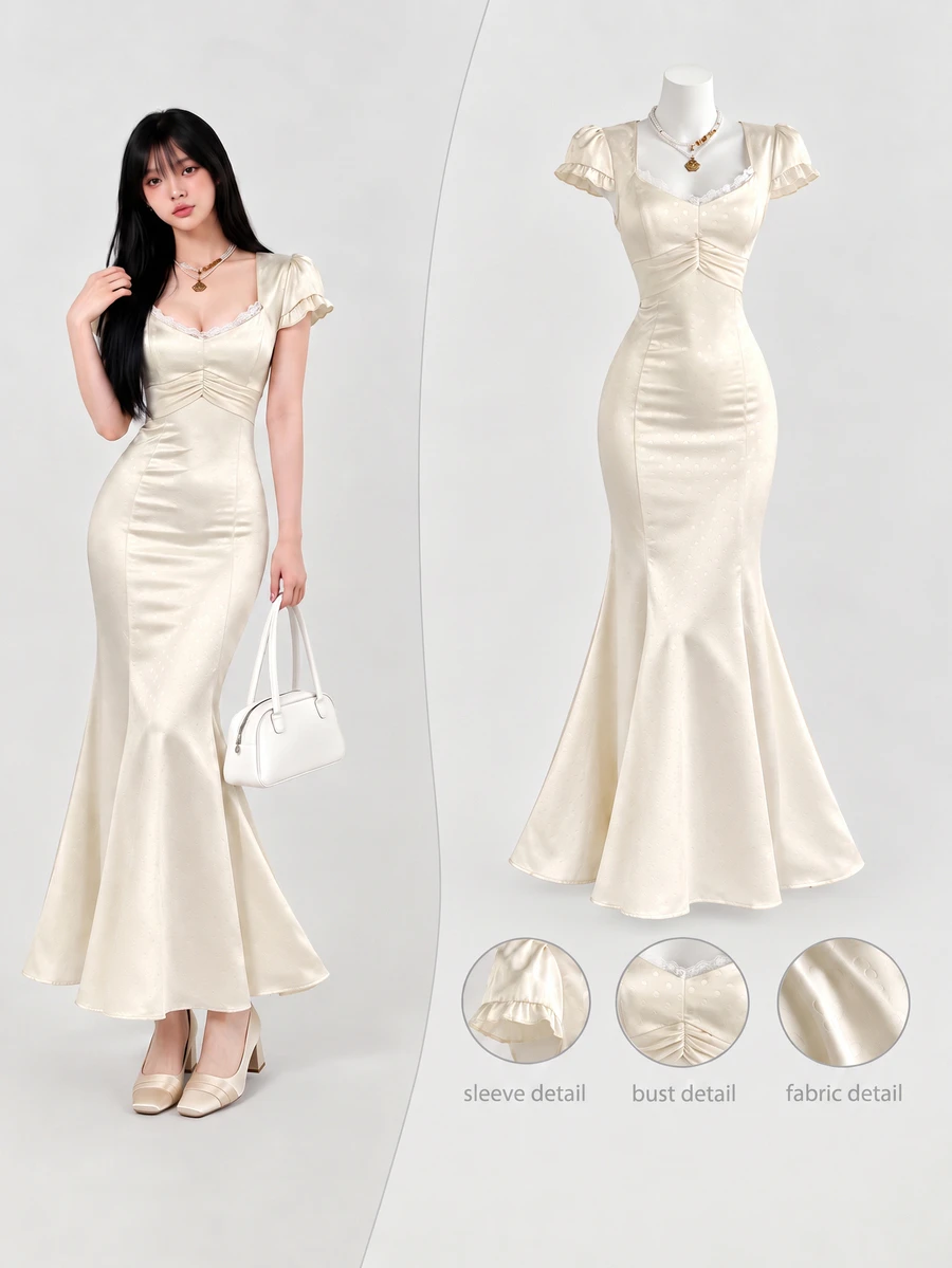 Elamini Women's Minimalist Apricot Satin Polka Dot Mermaid Dress - Apricot - View 1