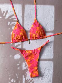 SHEIN Swim 2 件女式随机花卉印花细肩带性感比基尼套装，夏季 - 彩色 - 查看 4