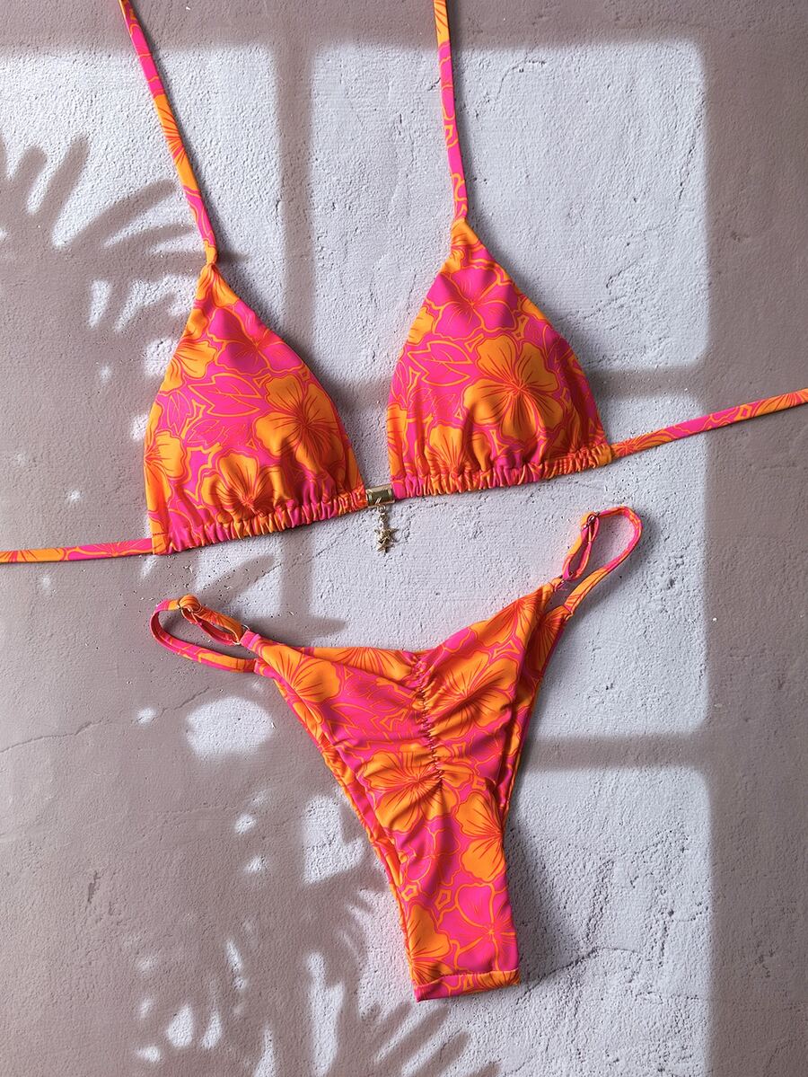 SHEIN Swim 2 件女式随机花卉印花细肩带性感比基尼套装，夏季 - 彩色 - 查看 1