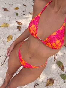 SHEIN Swim 2 件女式随机花卉印花细肩带性感比基尼套装，夏季 - 彩色 - 查看 3