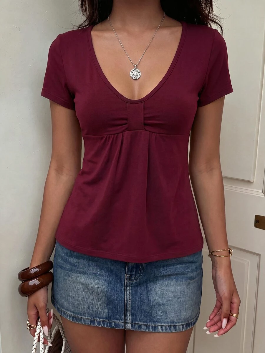 IslaSuriya Women's Solid Color Pleated Casual Versatile Daily Wear T-Shirt - Burgundy - View 1