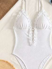 Bonvoyette Spring/Summer Solid Color Jacquard Fabric Deep V Spaghetti Strap Bead Trim Ruffle Mesh Edge Casual Cute Beach Bikini One-Piece Swimsuit For Women - White - View 3