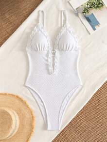Bonvoyette Spring/Summer Solid Color Jacquard Fabric Deep V Spaghetti Strap Bead Trim Ruffle Mesh Edge Casual Cute Beach Bikini One-Piece Swimsuit For Women - White - View 4