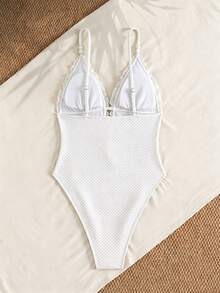 Bonvoyette Spring/Summer Solid Color Jacquard Fabric Deep V Spaghetti Strap Bead Trim Ruffle Mesh Edge Casual Cute Beach Bikini One-Piece Swimsuit For Women - White - View 2