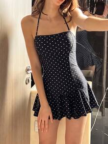 Livesso Women's Summer Beach Polka Dot Halter Neck Two-Piece Swimsuit Set - Black - View 1