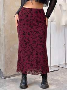 SHEIN EZwear Plus Size Women's Burgundy Floral Print Elegant Skirt Fall - Burgundy - View 5