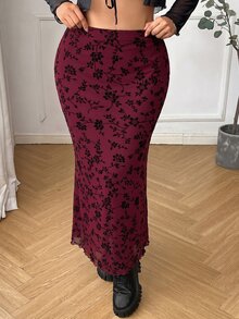 SHEIN EZwear Plus Size Women's Burgundy Floral Print Elegant Skirt Fall - Burgundy - View 4