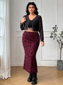 SHEIN EZwear Plus Size Women's Burgundy Floral Print Elegant Skirt Fall - Burgundy - View 3