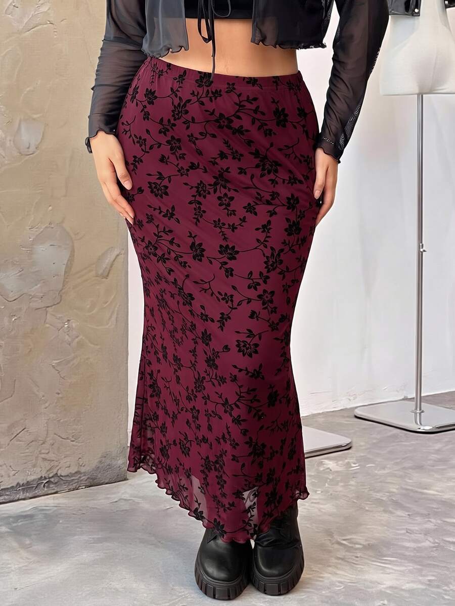 SHEIN EZwear Plus Size Women's Burgundy Floral Print Elegant Skirt Fall - Burgundy - View 1