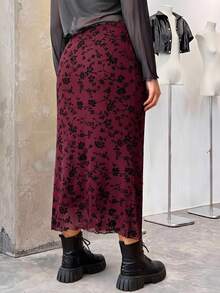 SHEIN EZwear Plus Size Women's Burgundy Floral Print Elegant Skirt Fall - Burgundy - View 2