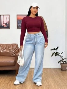 SHEIN EZwear 女款純色抓皺修身百搭長袖T恤，適合日常穿著，秋季款 - 酒紅色 - 查看 3
