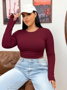 SHEIN EZwear 女款純色抓皺修身百搭長袖T恤，適合日常穿著，秋季款 - 酒紅色 - 查看 6