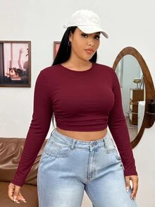 SHEIN EZwear 女款純色抓皺修身百搭長袖T恤，適合日常穿著，秋季款 - 酒紅色 - 查看 5