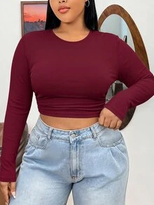 SHEIN EZwear 女款純色抓皺修身百搭長袖T恤，適合日常穿著，秋季款 - 酒紅色 - 查看 1